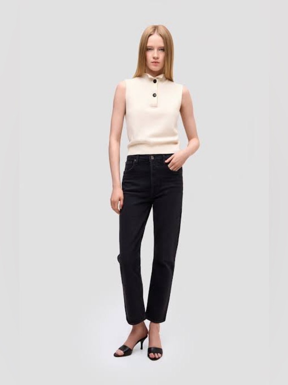 AGOLDE Riley Long High Rise Straight Jeans in Compilation Black.